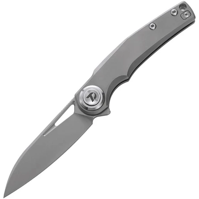 Dreamtech Button Lock Folding Knife Gray Titanium Handle 14C28N Sheepsfoot Plain Edge Beadblast Finish DTK4130TG