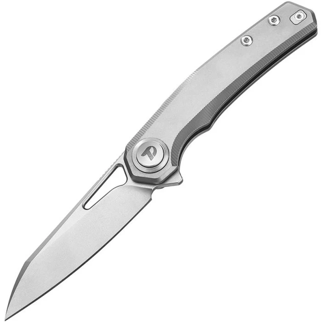 Dreamtech Button Lock Folding Knfe Gray Titanium Handle M390 Sheepsfoot Plain Edge Satin Finish DTK4281G