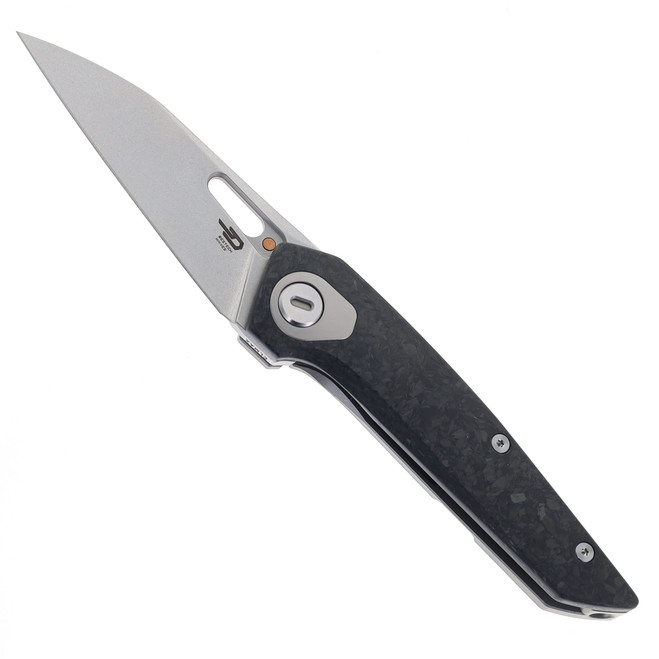 Bestech VK-Void Folding Knife White Beadblast/Stonewash Titanium Carbon Fiber Handle Elmax Wharncliffe Plain Edge Stonewash Finish BT2305B