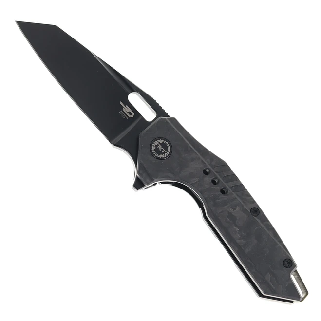 Bestech Nyxie 3 Folding Knife Black Marble Carbon Fiber/Titanium Hanldle S35VN Reverse Tanto Plain Edge Black DLC Finish BT2308D