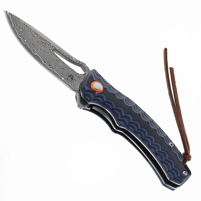 Klaken Folding Knife Black/Blue G10 Handle Damascus Plain Edge J390-Tidekin-Black-Blue