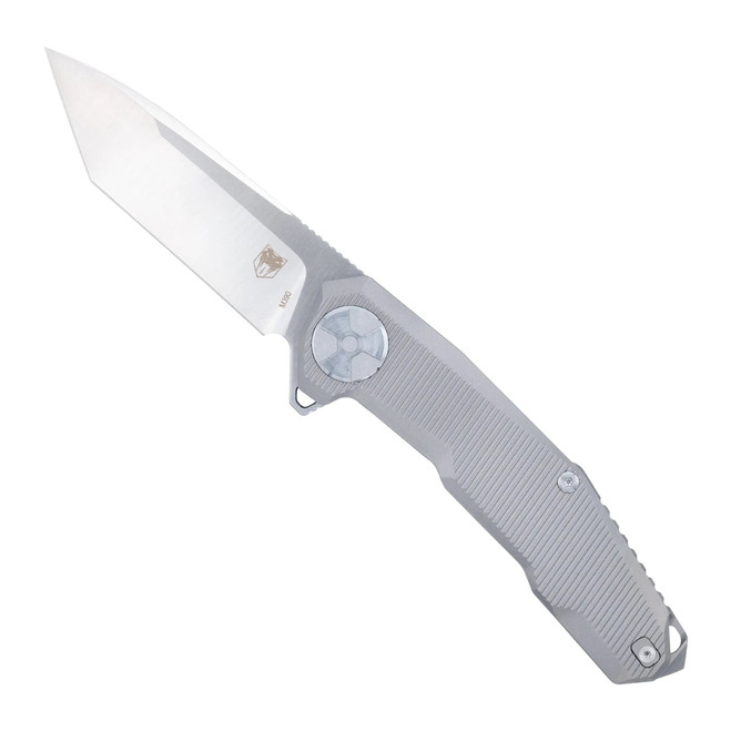 CobraTec Barracuda Framelock Folding Knife Gray Titanium Handle M390 Tanto Plain Edge CTBRCM390TNS