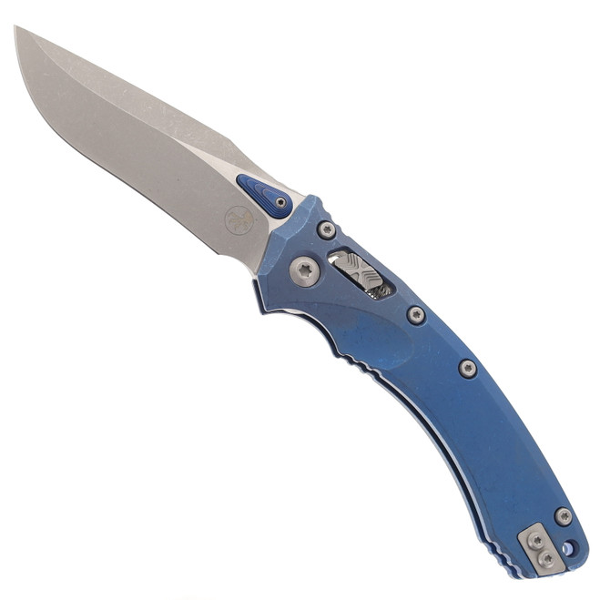 Microtech Amphibian RAM-LOK Folding Knife Antique Blue Titanium Handle with Blue Accents Marfione Select Apocalyptic M390MK Blade 137RL-10APMS2