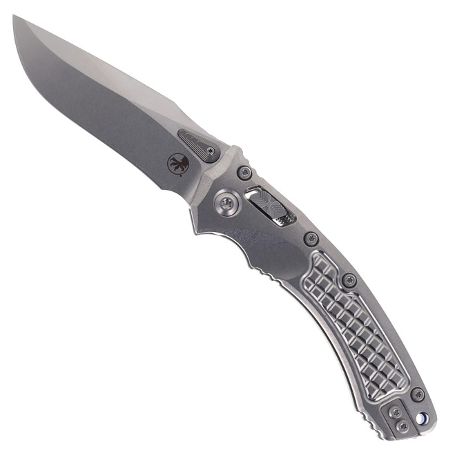 Microtech Amphibian Ram-Lok Folding Knife Marfione Select Stonewash Frag Titanium M390MK Stonewash Blade Blue Backspacer 137RL-10FRMS2