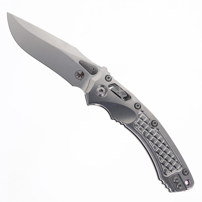 Microtech Amphibian Ram-Lok Folding Knife Marfione Select Stonewash Frag Titanium M390MK Stonewash Blade Purple Backspacer 137RL-10FRMS3
