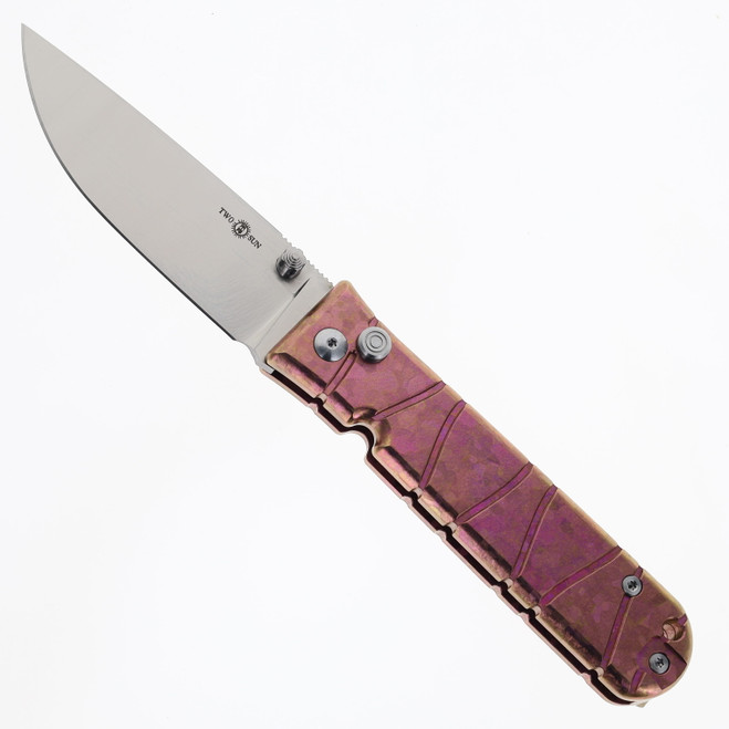 TwoSun Folding Knife Pink Chrystialized Titanium Handle M390 Plain Edge Satin Finish TS409-M390-Crystallized-Purple
