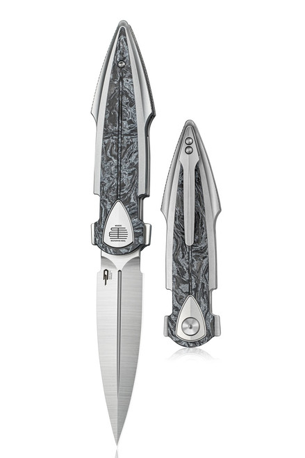 Bestech Ika Folding Knife TitaniumSilver Marble Carbon Fiber Handle M390 Spear Point Plain Edge Machine Satin Finish BT2602A