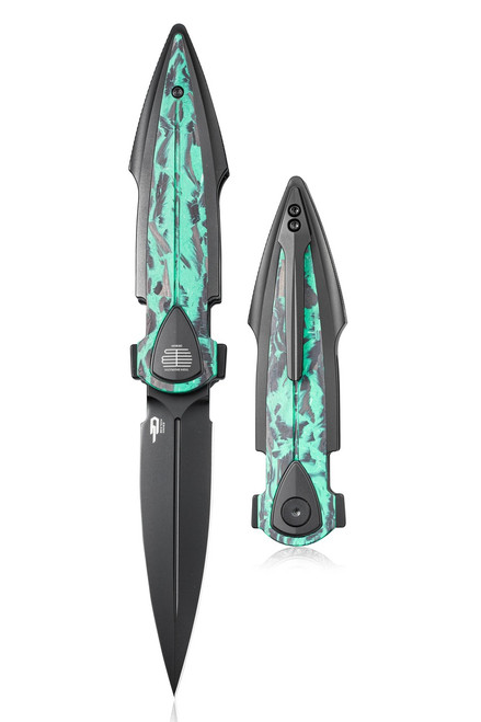 Bestech Ika Folding Knife Titanium/GID Marble Carbon Fiber Handle M390 Plain Edge Black PVD Finish BT2602C