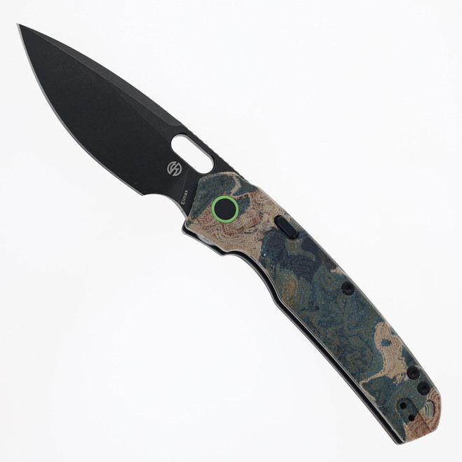 Vosteed Folding Knife Canvas Rag Burl/Blue Current Micarta Handle Elmax Drop Point Plain Edge Black Stonewash Finish A2235