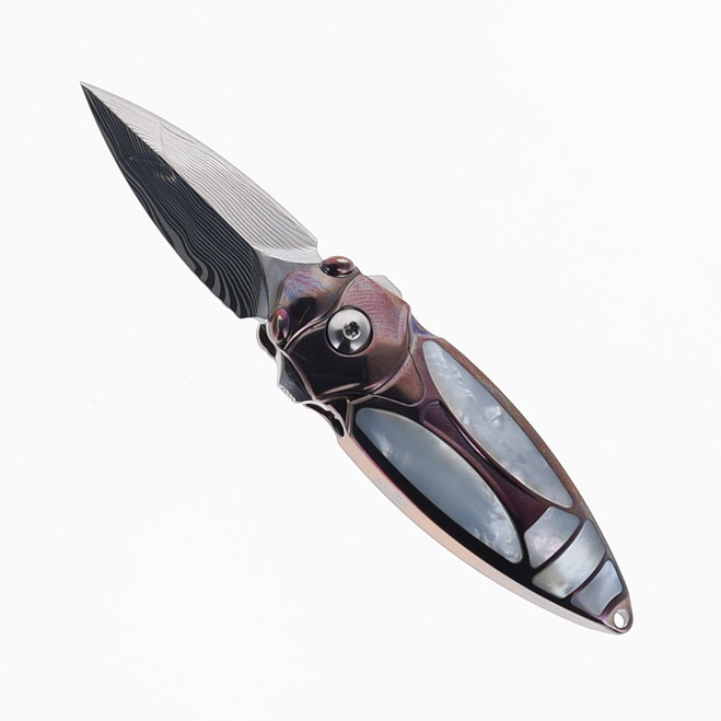Rike Mini Cicada-Pu(S) Folding Knife Purple Titanium/Mother of Pearl Handle Damasteel Plain Edge Mirror Finish