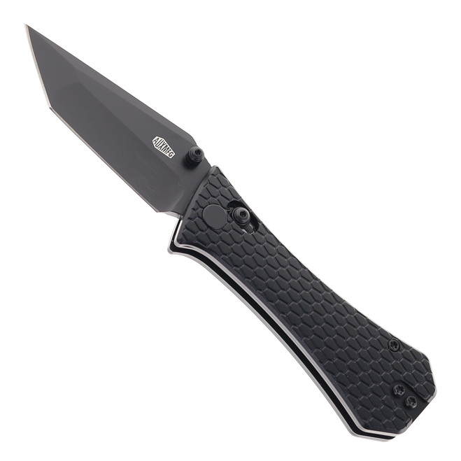 (Dropping 5/22  @12PM PST) Auxiliary Manufacturing Coffin Tanto Folding Knife Crossbar Black Aluminum Handle Black 14c28n Blade