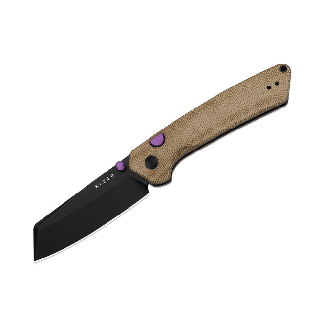 Kizer Madrac Folding Knife Brown Norplex UltreX Handle 14C28N Sheepsfoot Plain Edge Black PVD Finsh V3693BSA1