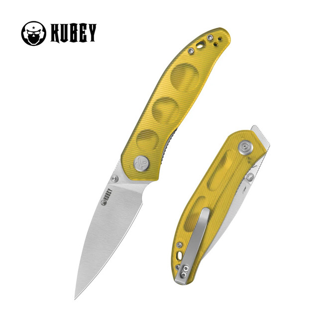 Kubey Snug Folding Knife Amber Ultem Handle 14C28N Spear Point Plain Edge Satin Finish KU408D