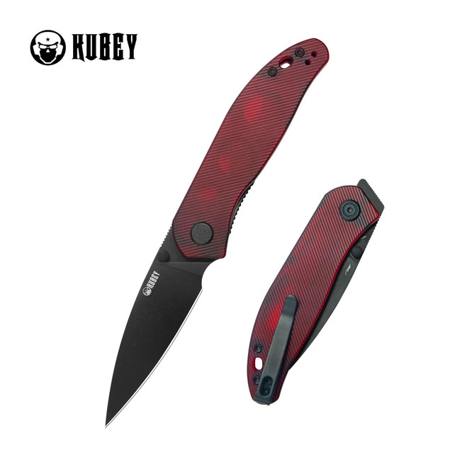 Kubey Snug Folding Knife Red Polycarbonate Handle 14C28N Spear Point Plain Edge Blackwash Finish KU408E