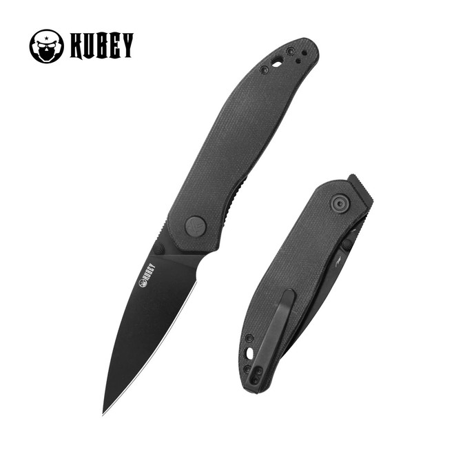 Kubey Snug Folding Knife Black Micarta Handle 14C28N Spear Point Plain Edge Blackwash Finish KU408G