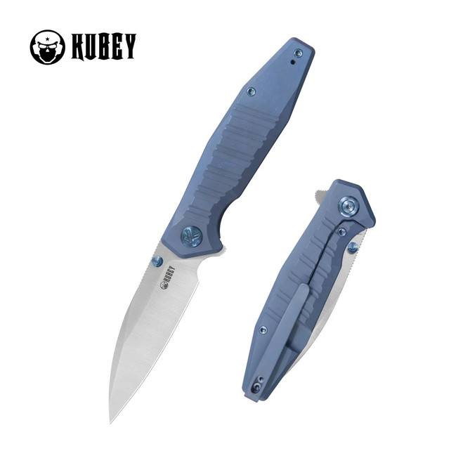 Kubey Whammy Folding Knife Blue Ano Titanium Handle 14C28N Wharncliffe Plain Edge Satin Finish KU474B