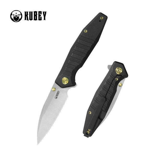 Kubey Whammy Folding Knife Blackwash Titanium Handle 14C28N Wharncliffe Plain Edge Satin Finish KU474D