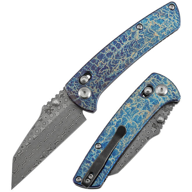 Kansept Main Street Folding Knife Lightning Strike Titanium Handle Damascus Wharncliffe Plain Edge Blackwash Finish K1015V6