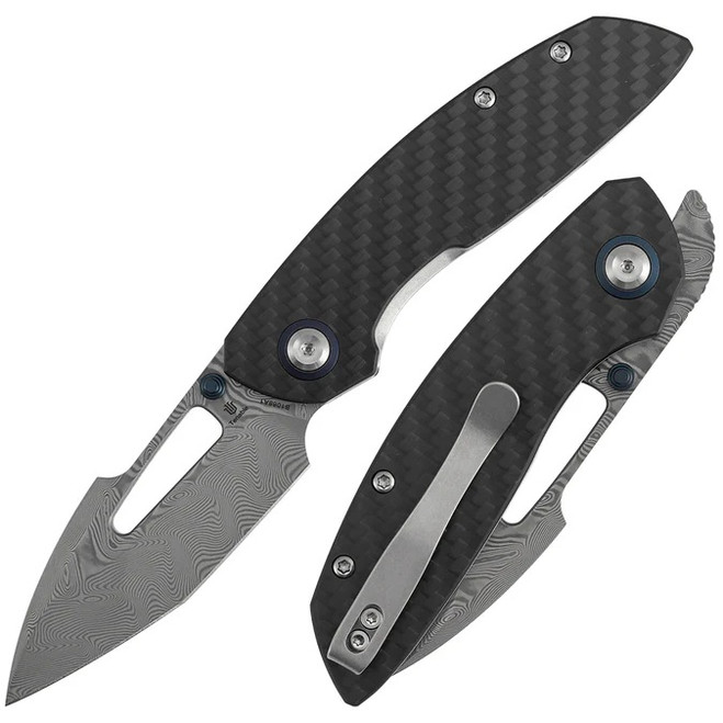 Tenable Link Folding Knife Black Twill Carbon Fiber/G10 Handle Damascus Harpoon Plain Edge Gray TiCn Finish B1068A1