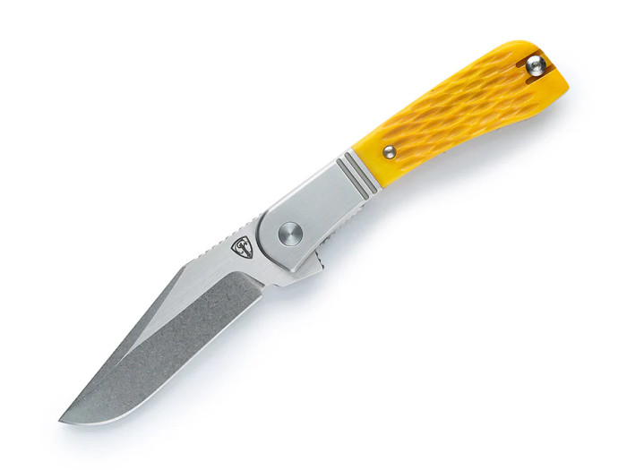 Finch Gooseneck Folding Knife Goldenrod Yellow Jigged Bone Handle Stonewashed 14c28n Blade GN375