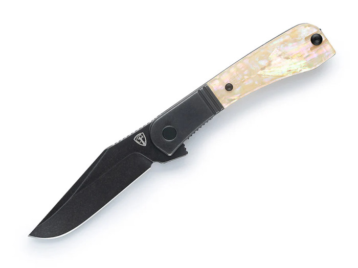 Finch Gooseneck Folding Knife Mother of Pearl Handle Black Stonewashed 14c28n Blade GN700