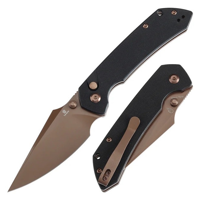 Tenable Fenrir Folding Knife Black G10 Handle 14C28N Harpoon Plain Edge Rose Gold Finish T1034F2