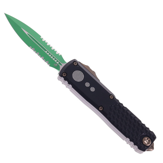 Microtech UTX-85 Gen IV OTF Signature Series Automatic Knife Jedi Master Green Aluminum Handle Green M390MK D/E Partial Serrated Blade 12324-2JM
