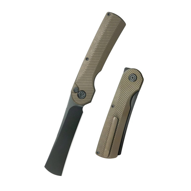 KB Ikul Folding Knife Bronze Titanium Handle M390 Razor Plain Edge Black DLC Finish KB380C