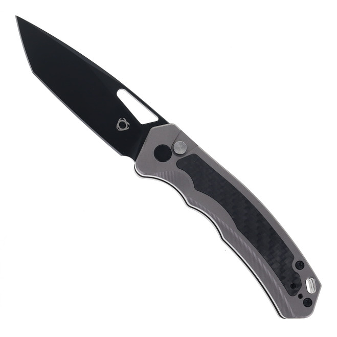 SixLeaf Folding Knife Black Aluminum/Carbon Fiber Handle 14C28N Drop Point Plain Edge Black PVD Finish SL-102-14C-CF