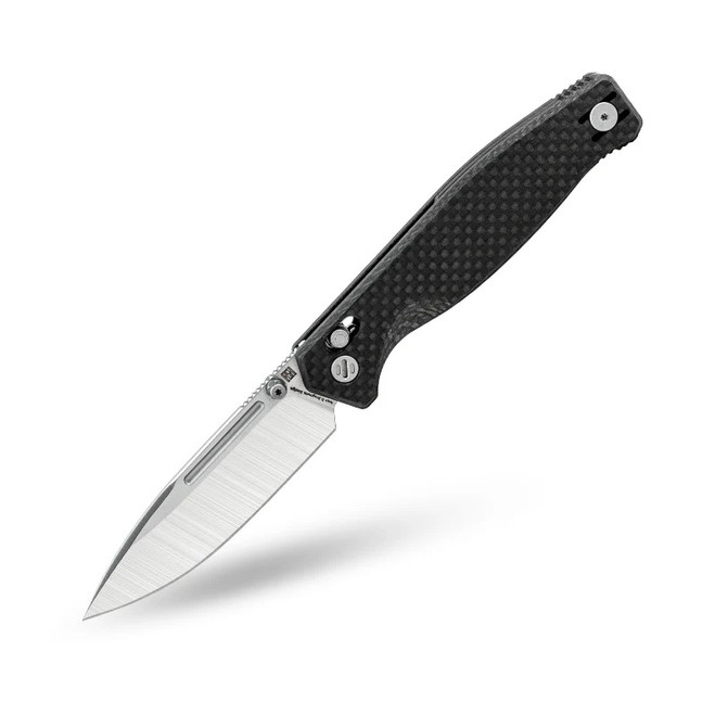 Real Steel Huginn Folding Knife Black Carbon Fiber Handle LC200N Drop Point Plain Edge Satin Finish 7653CF