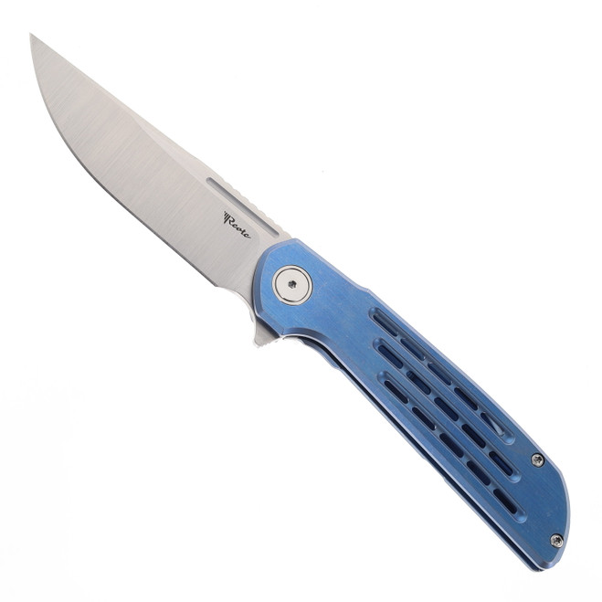 Reate Remedy Folding Knife Satin/Blue Titanium Handle Elmax Drop Point Plain Edge Satin Finish