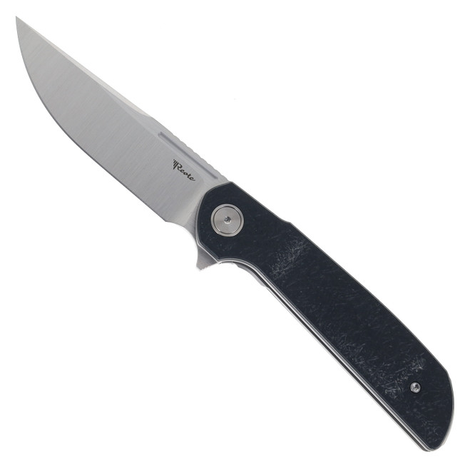 Reate Remedy Folding Knife Fatcarbon Black Glass FatCarbon Handle Elmax Plain Edge Belt Satin Blade