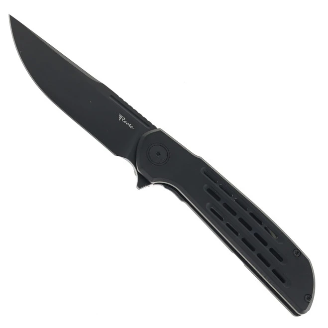 Reate Remedy Folding Knife Black Glass FatCarbon Handle Elmax Drop Point Plain Edge Belt DLC Blade