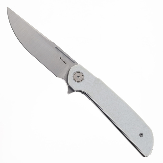 Reate Remedy Folding Knife White Glass FatCarbon Handle Elmax Drop Point Plain Edge Belt Satin Blade