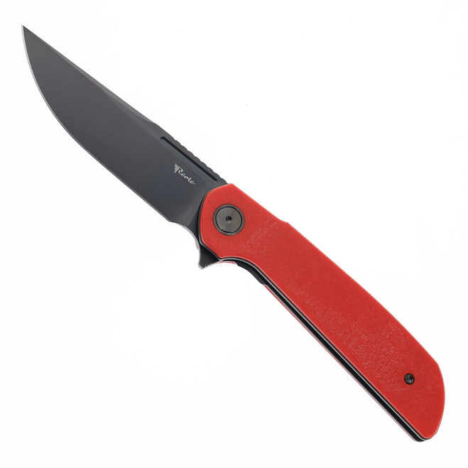 Reate Remedy Folding Knife Red Glass FatCarbon Handle Elmax Drop Point Plain Edge Belt DLC Blade