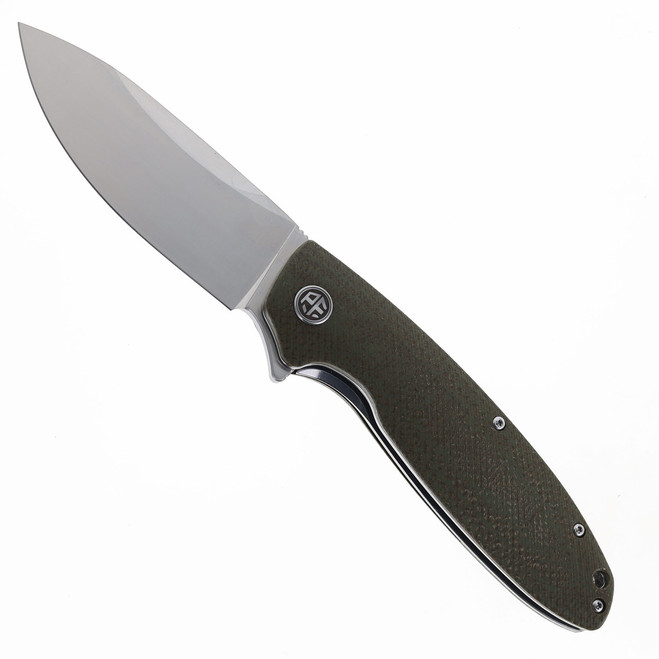 Open Box/ Return Petrified Fish Folding Knife Olive Green Micarta Handle D2 Plain Edge Satin Finish B01-KAS
