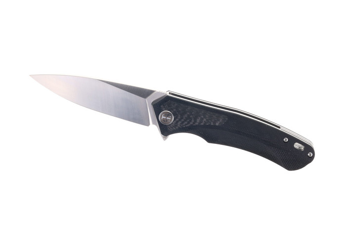 Open Box/ Return Petrified Fish Folding Knife Black G10/Carbon Fiber Handle D2 Plain Edge Satin Finish PF-838-CS