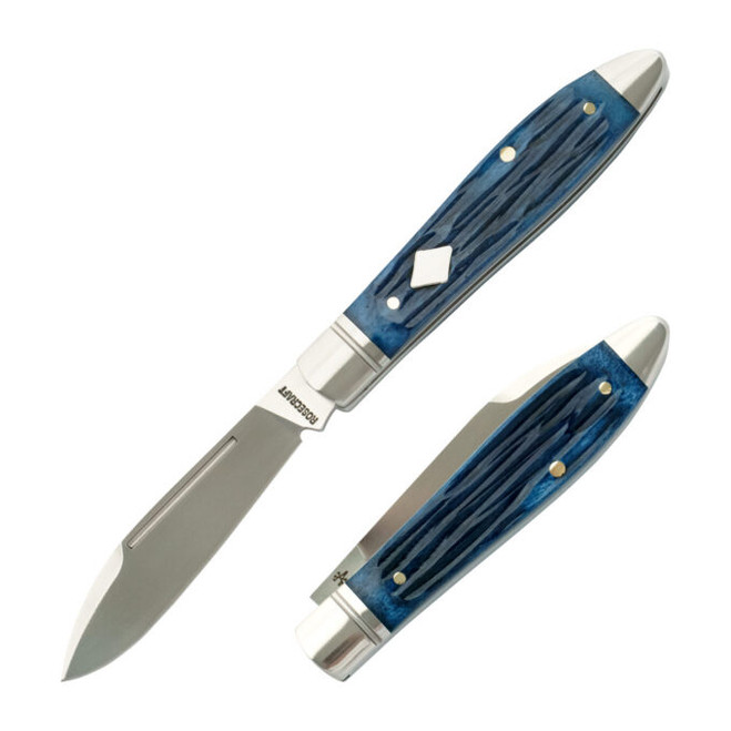 RoseCraft Tanasi Lake Tear Drop Folding Knife Blue Jigged Bone Handle 14C28N Plain Edge Satin Finish RCT017-BJB