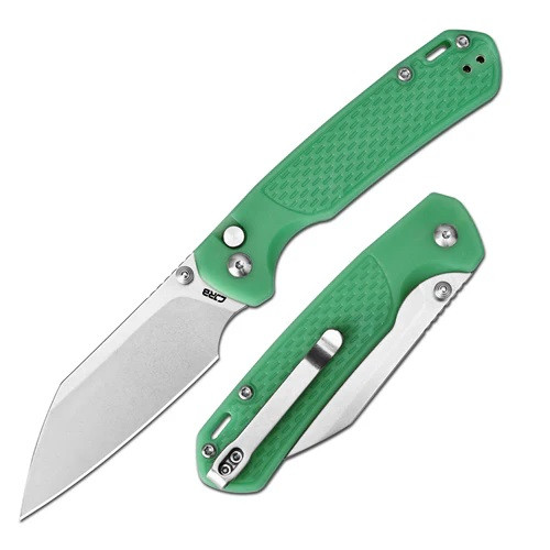 CJRB Pyrite-Light Folding Knife Dark Green to Light Green FRN Handle AR-RPM9 Wharncliffe Plain Edge Stonewash Finish J1945-DLG