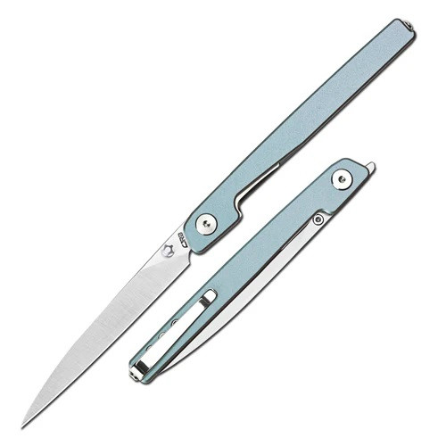 CJRB Lanky Folding Knife Light Blue Aluminum Handle 14C28N Drop Point Plain Edge Sand Polish Finish J1965-PBU