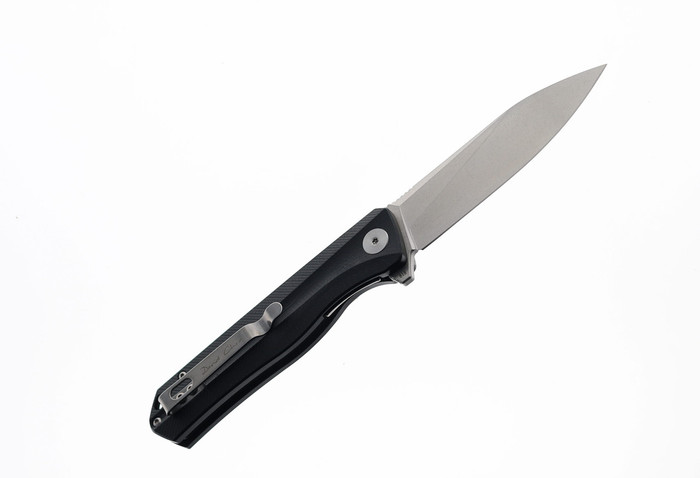 Petrified Fish Folding Knife Black Handle D2 Plain Edge Stonewash