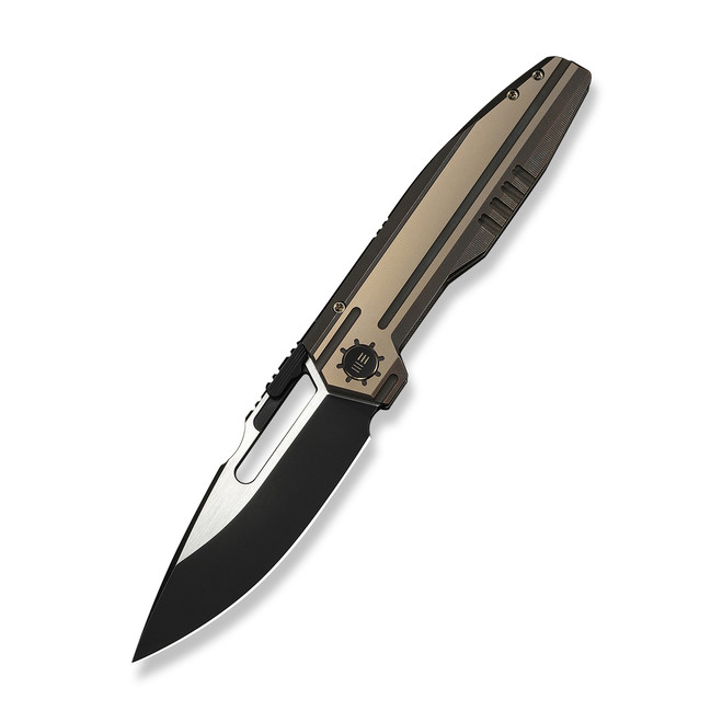 WE Reveille Folding Knife Bronze Titanium Handle M390 Drop Point Plain Edge Black Stonewash/Satin Flat Finish WE23057-1
