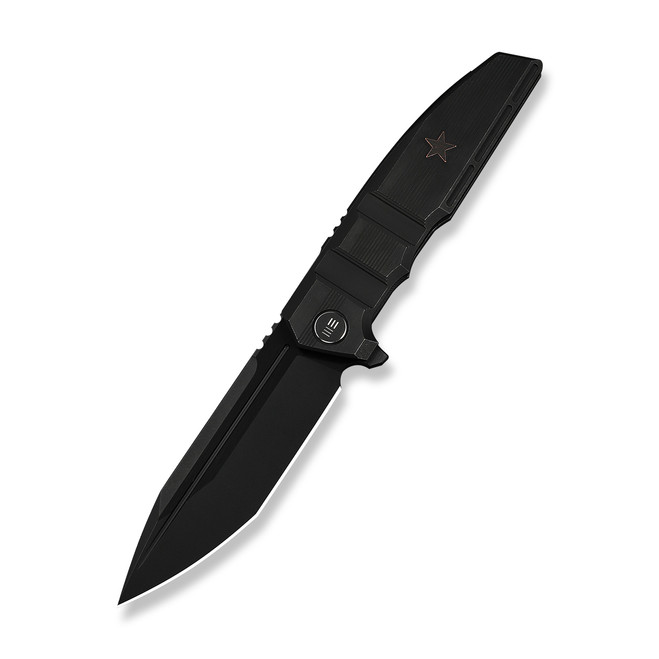 WE Breach Folding Knife Black Titanium Handle M390 Plain Edge Black Stonewashed Bevels Black Brushed Flats Finish Limited WE25077-2