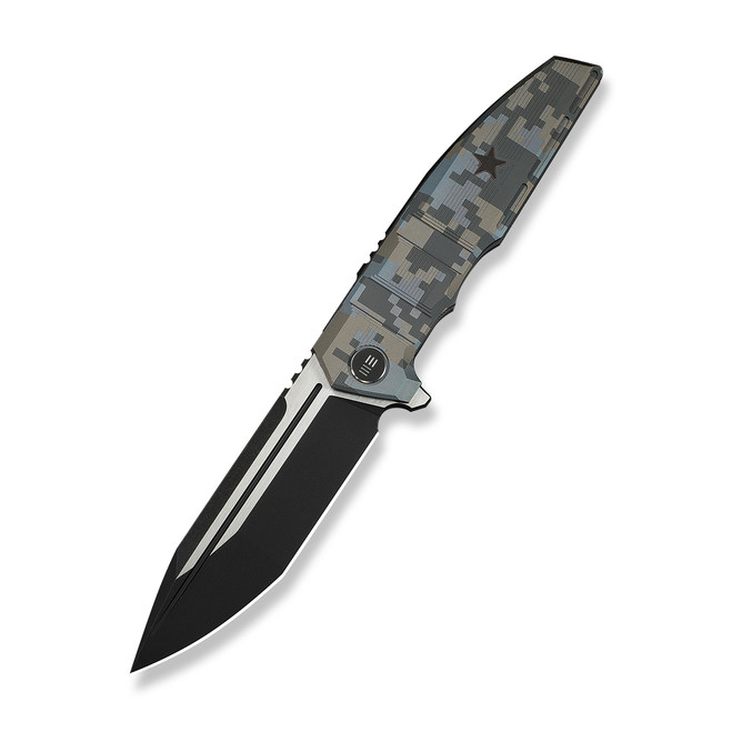 WE Breach Folding Knife Pixel Pattern Titanium Handle M390 Plain Edge Black Stonewash Satin Flat Finish Limited WE25077-3