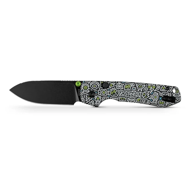 Vosteed Raccoon Folding Knife Black Doodle Monster Handle 14C28N Drop Point Plain Black Blade A2934