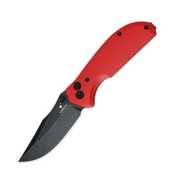 Petrified Fish Guppy Folding Knife Red G10 Handle N690 Drop Point Plain Black Blade PFE19RDW