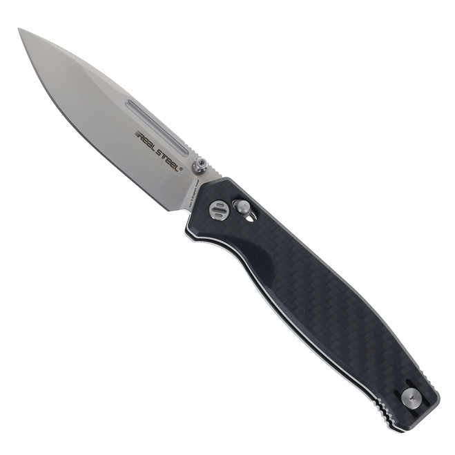 Real Steel Folding Knife Black G10/Carbon Fiber Laminate Handle VG-10 Drop Point Plain Edge Satin Finish 7653CL