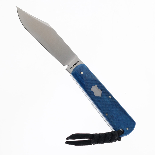 Jack Wolf Knives Gateway Fixed Blade Sawcut Blue Bone Handle Sandvik 14C28N Blade