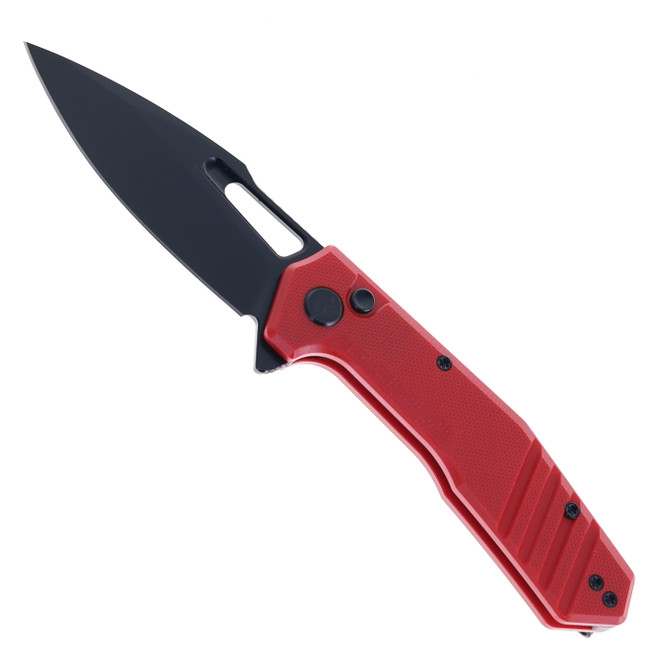 Critical Strike Rowdy Folding Knife Red G10 Handle VG-10 Drop Point Plain Edge Black Finish B508-RDBF