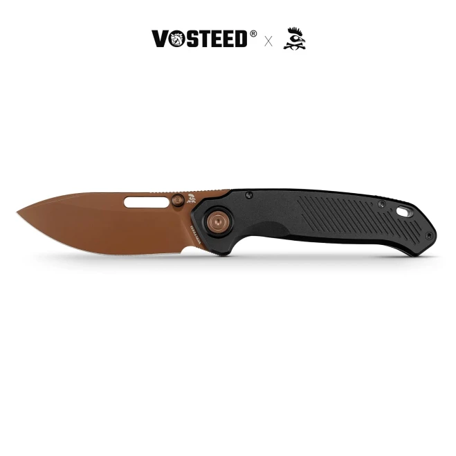 Vosteed Zander Folding Knife Black Aluminum Handle S35VN Modified Drop Point Plain Edge Copper Dune Finish A4601